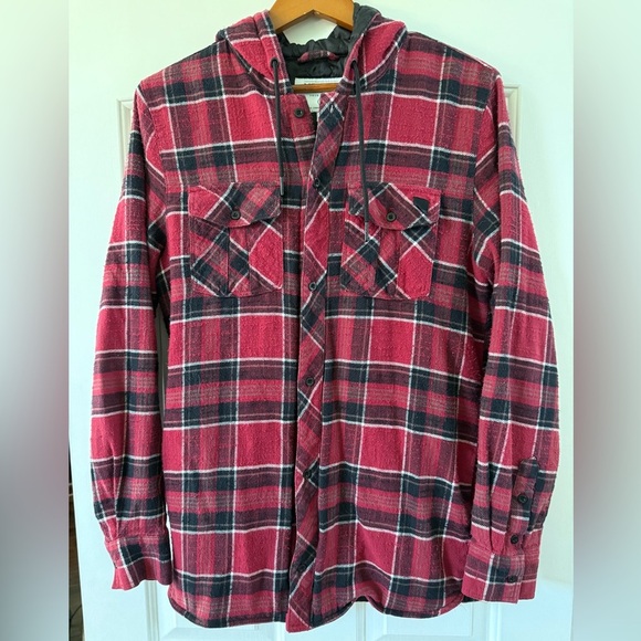 Volcom Snowboarding Hooded Flannel Jacket Red Black Plaid DWR Men’s Small - Picture 1 of 12